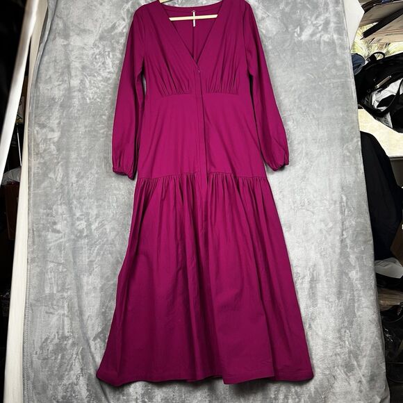 Free People Kendra  Dress Tiered Maxi Button Front Long Sleeve in Magenta Size L - Picture 7 of 13
